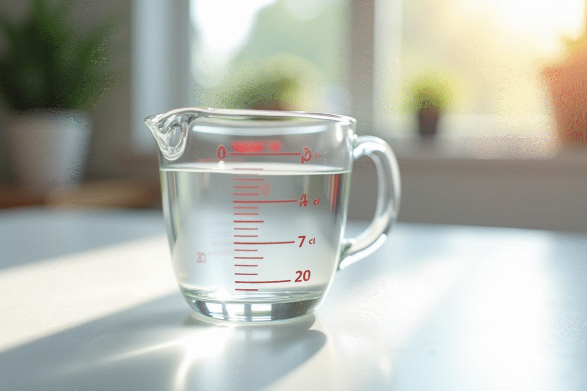Verre mesureur rempli d'eau sur plan de cuisine lumineux
