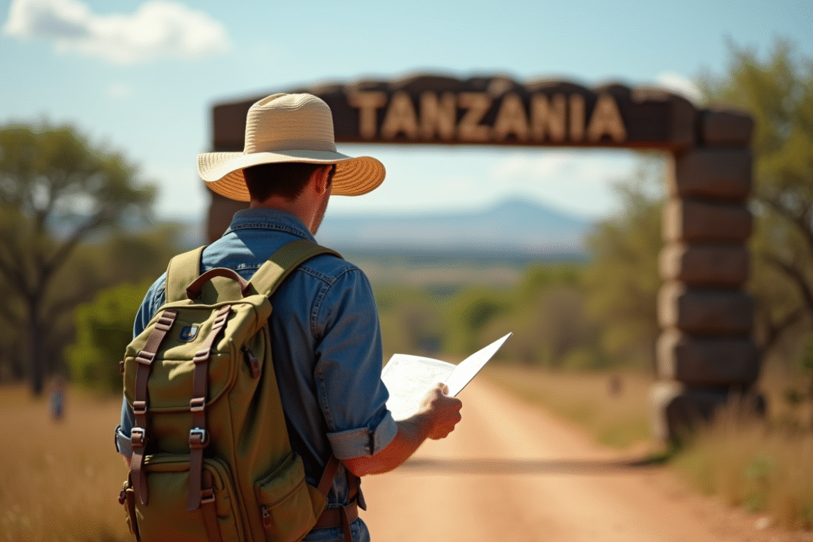 Voyageur avec chapeau et sac à dos devant entrée de safari en Tanzanie