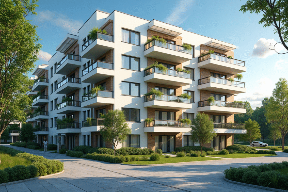 Immeuble résidentiel bien entretenu ensoleillé avec balcons et verdure