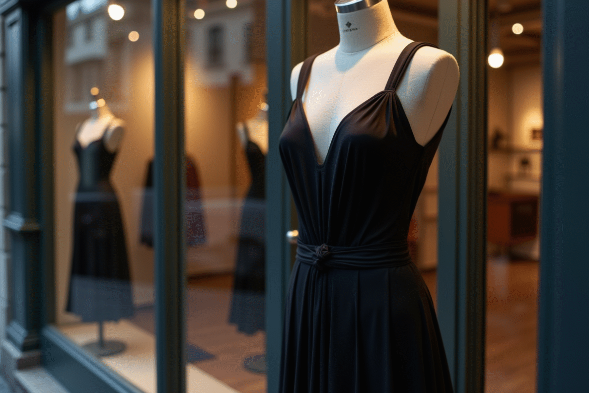Vitrine vintage à Paris avec robe noire élégante