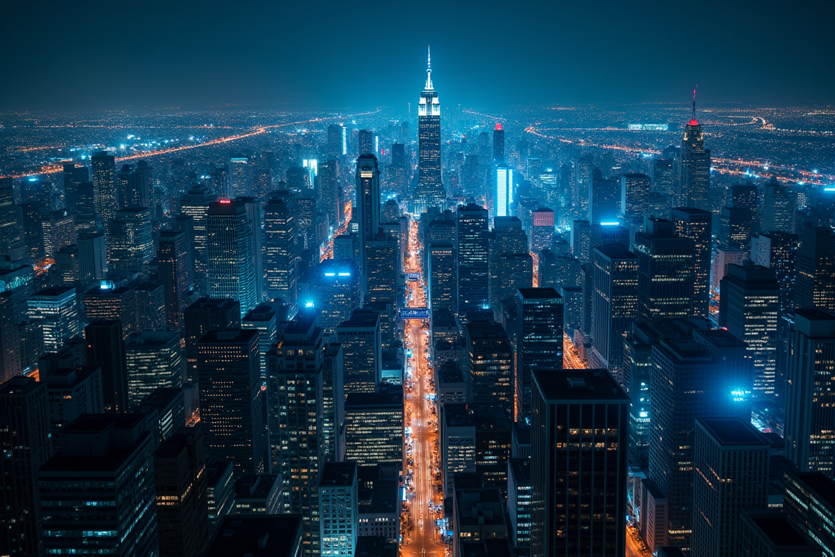 Vue nocturne d une ville avec flux de données lumineux