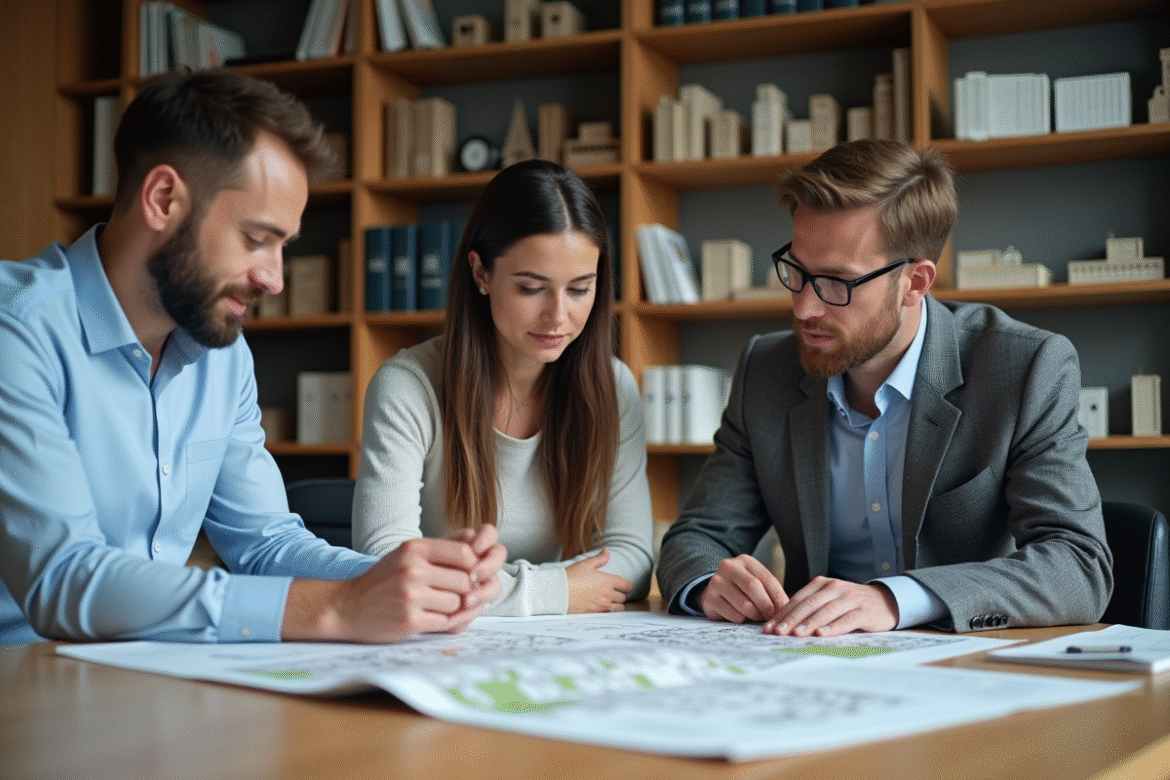 Équipe d'urbanistes en réunion autour de plans