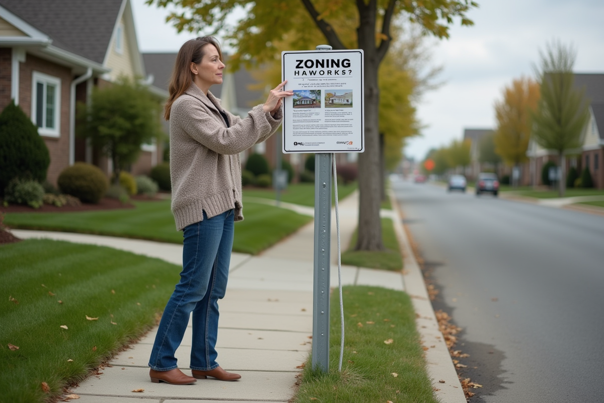 Femme vérifiant un avis de zonage dans la rue