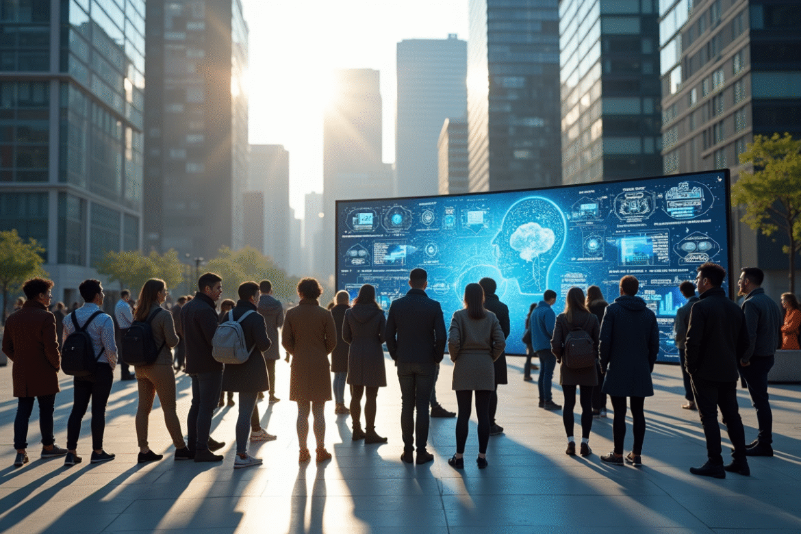 Groupe de personnes dans une place urbaine moderne avec écran interactif sur l'intelligence artificielle