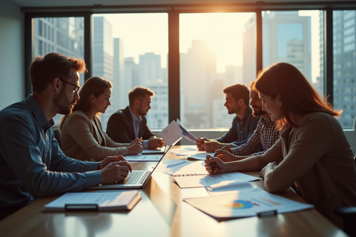 Groupe diversifié analysant des graphiques financiers