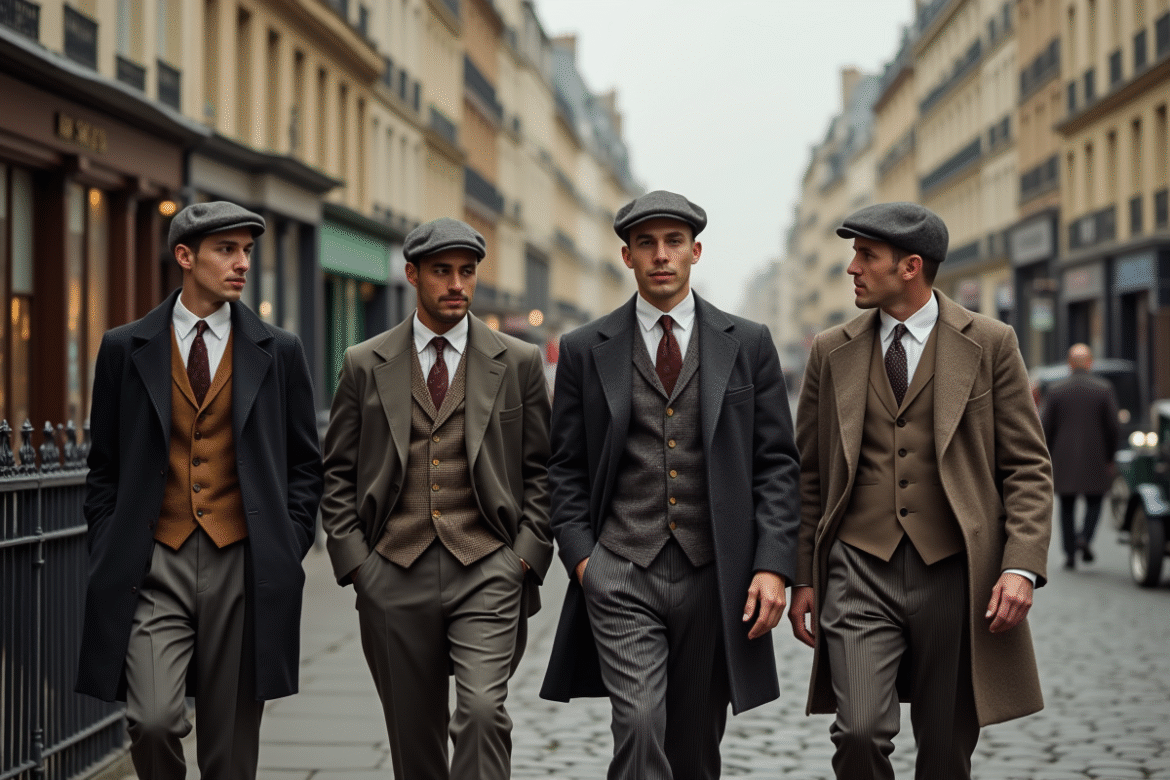 Groupe d'hommes en costume 1920 sur un boulevard parisien
