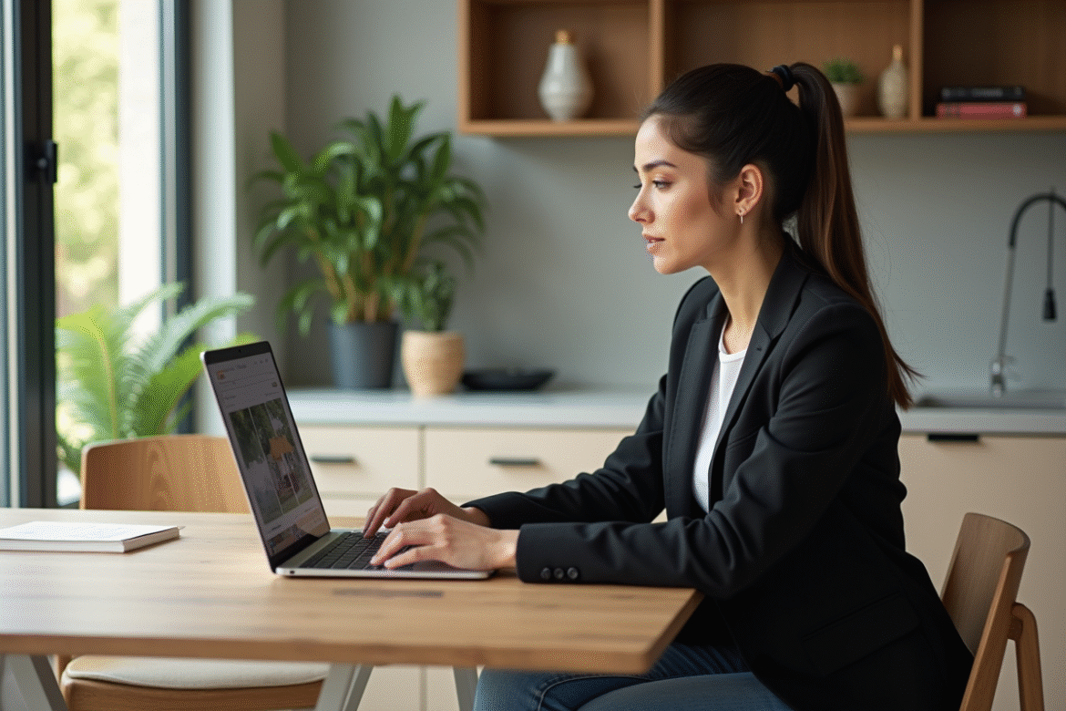 Jeune femme professionnelle utilisant un ordinateur pour rechercher des biens immobiliers