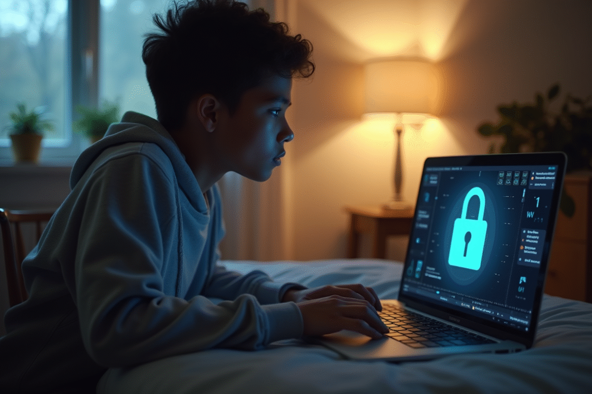 Jeune utilisant un ordinateur portable avec cadenas lumineux pour la securite en ligne