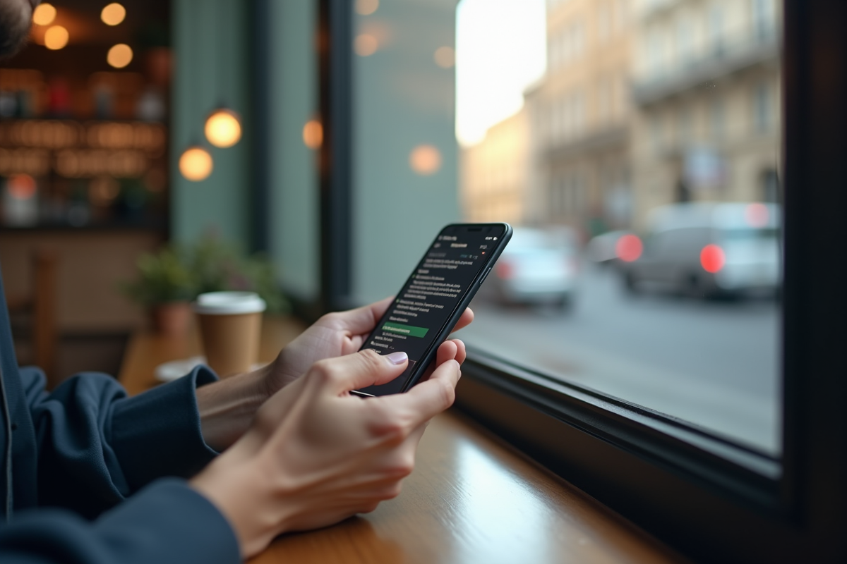 Mains tenant un smartphone avec chat encrypté dans un cafe en ville