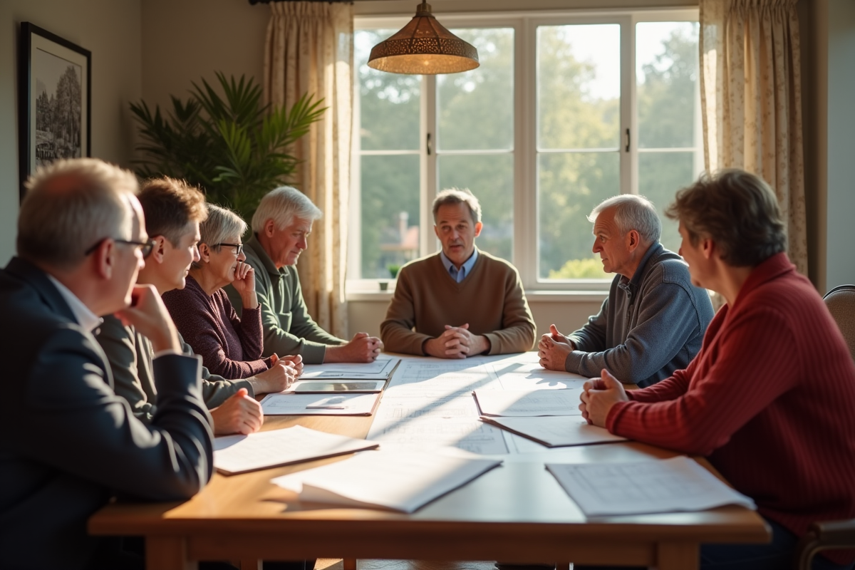Réunion conviviale de propriétaires avec plans et documents