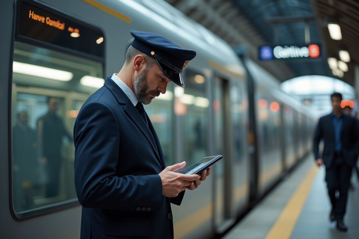 Conducteur de train en uniforme navy vérifiant une tablette