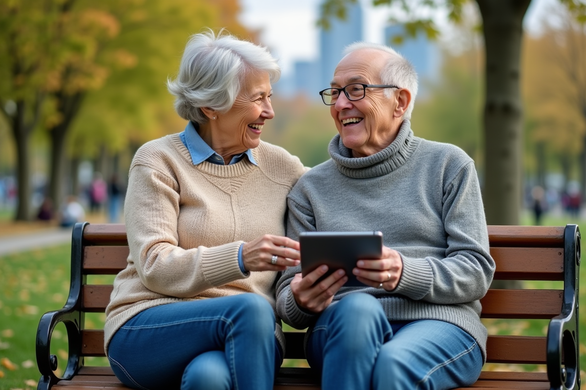 Couple âgé souriant en discutant sur un banc dans un parc verdoyant