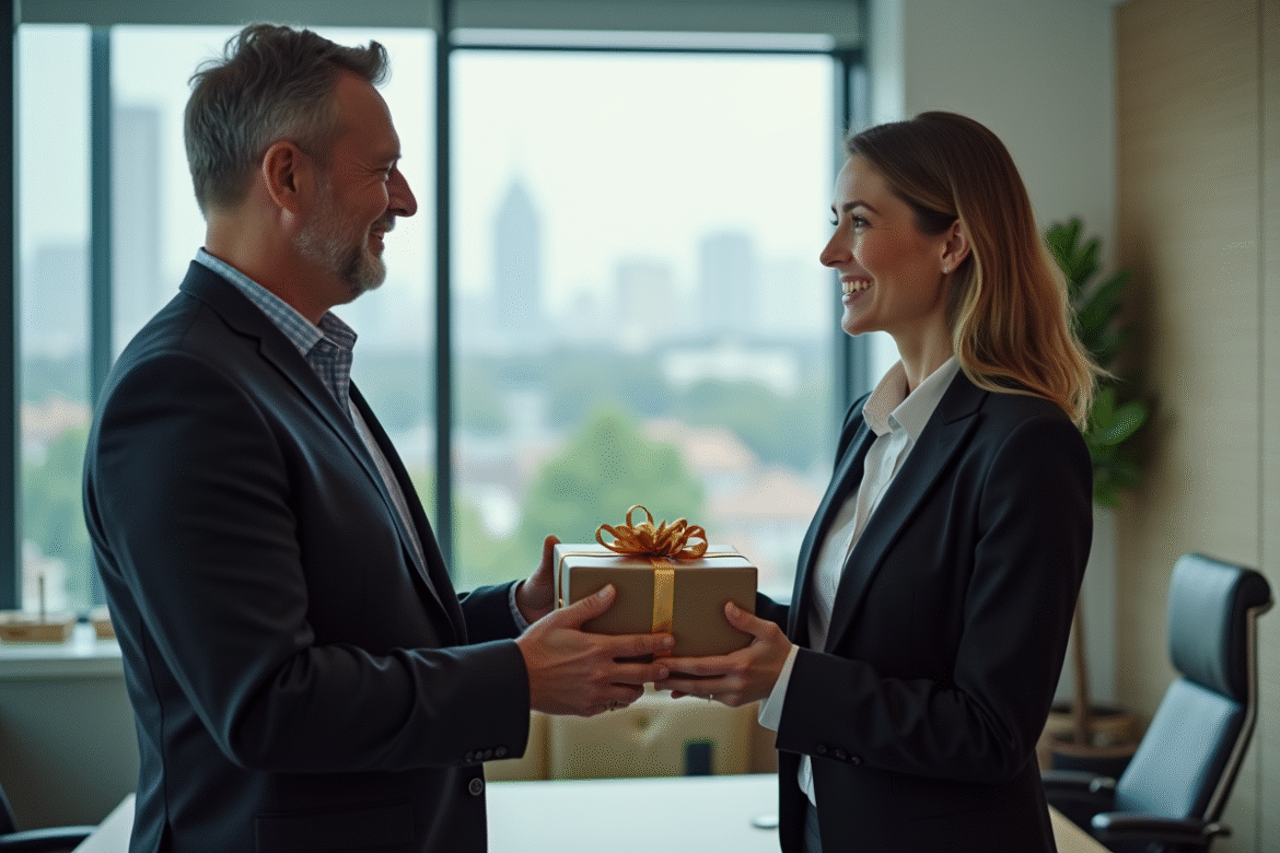 Échange de cadeau entre deux professionnels en bureau moderne