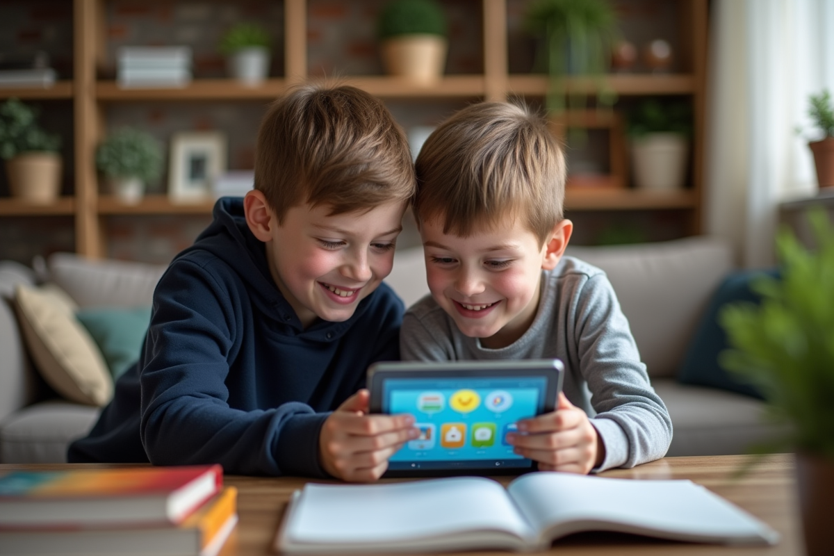 Jeune garçon avec sa mère utilisant une tablette à la maison