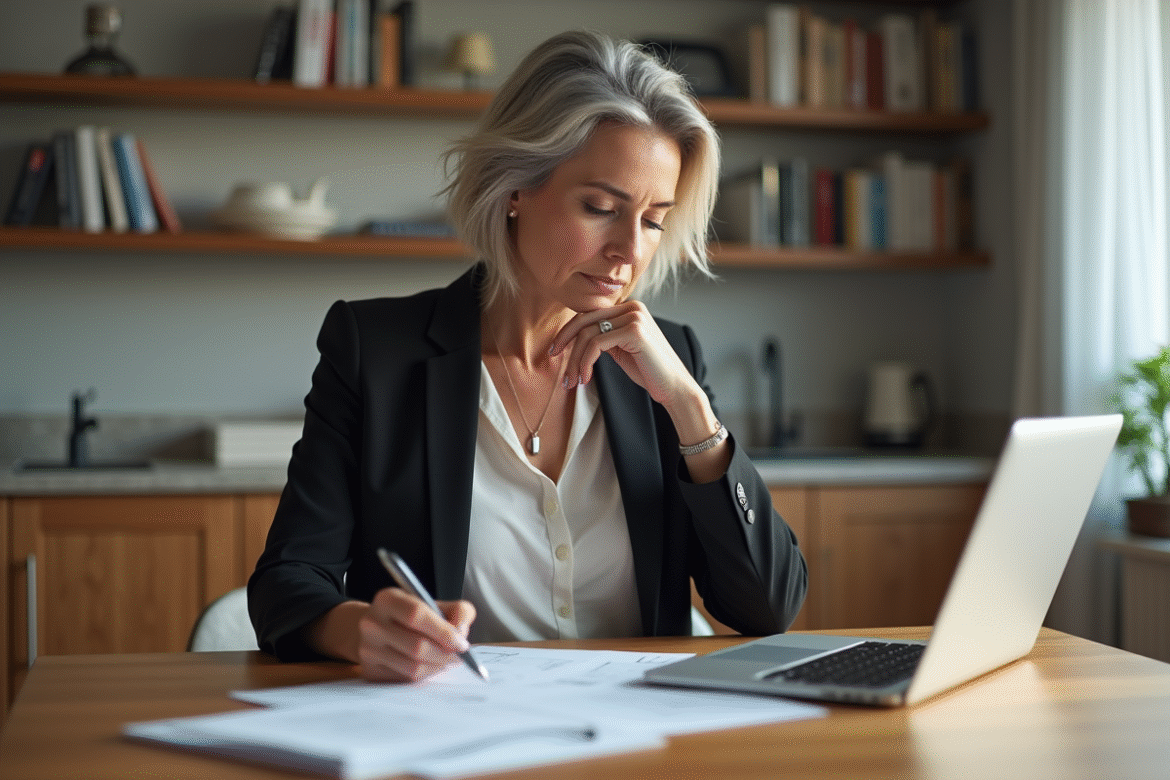 Femme d'âge moyen réfléchissant à des documents dans une cuisine moderne