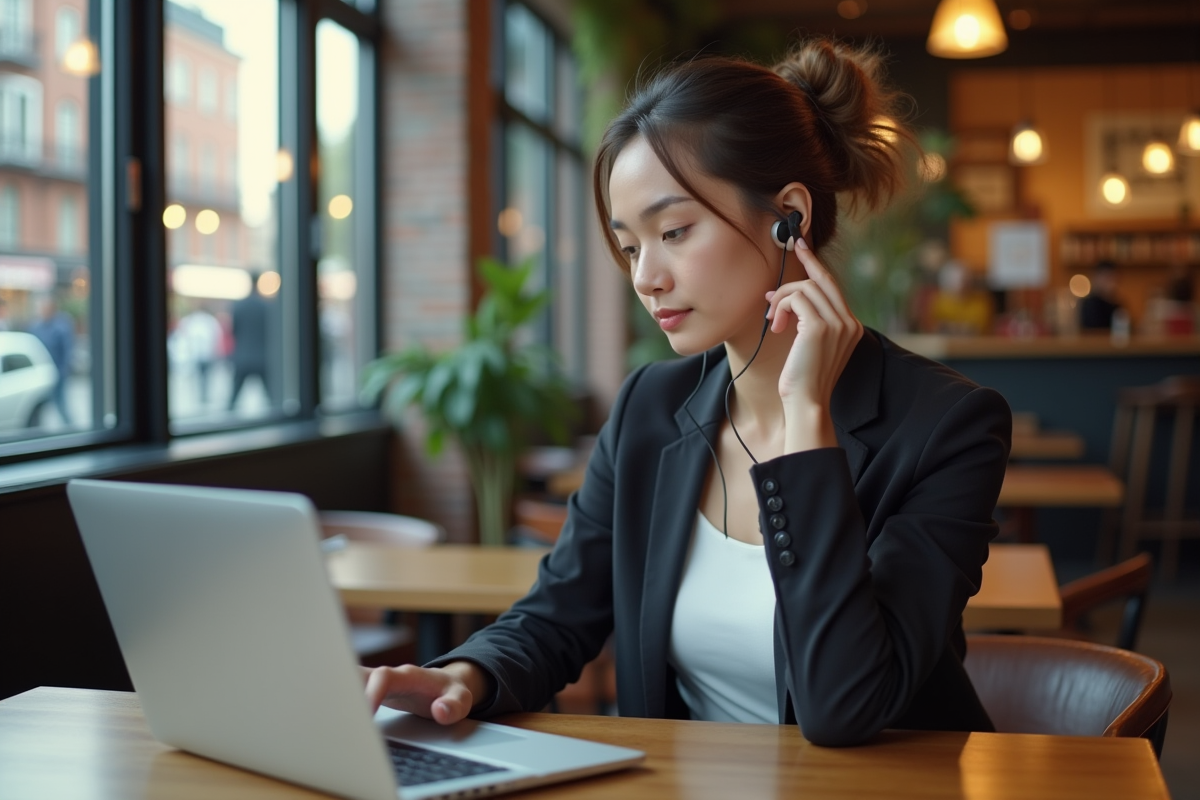 Jeune femme d affaires travaillant sur son ordinateur dans un café