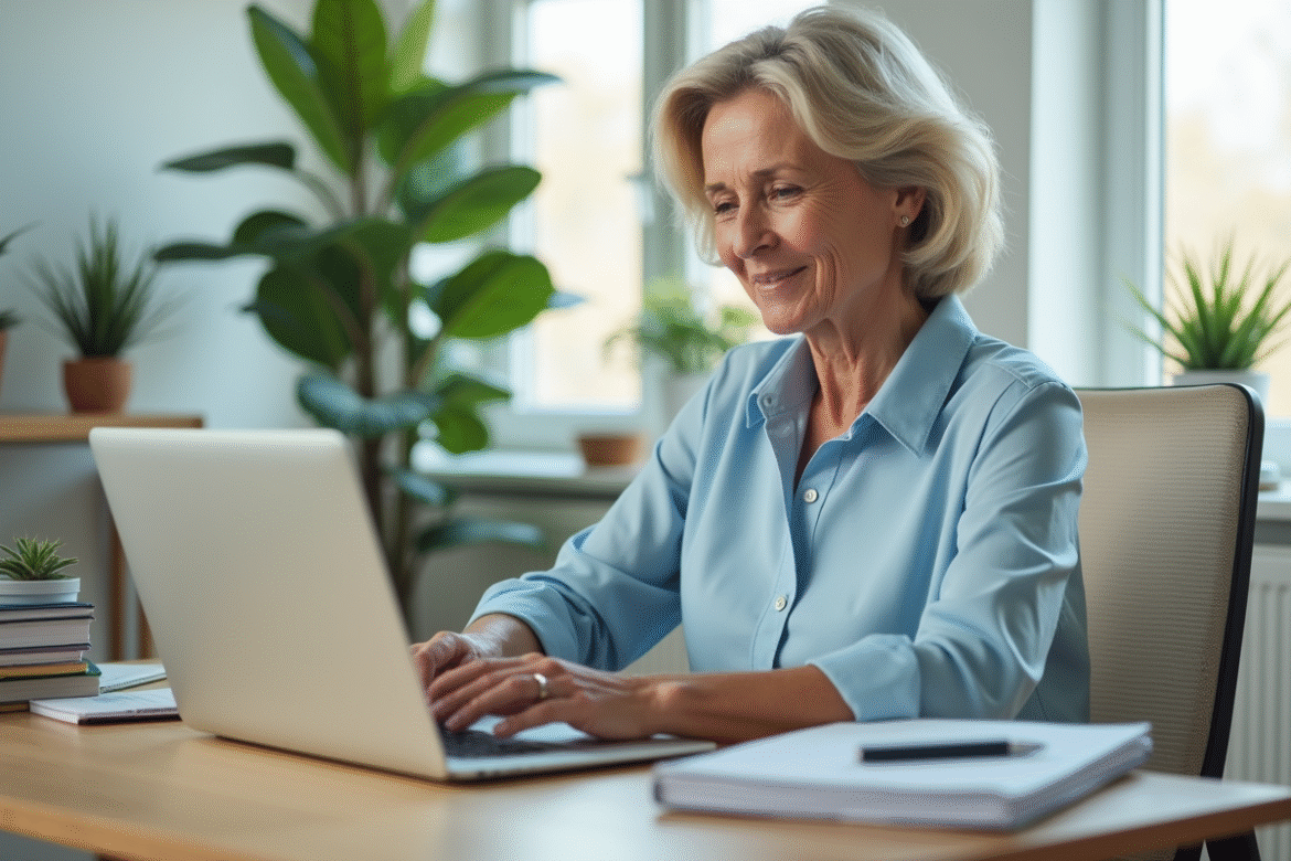 Femme en blouse bleue dans un bureau lumineux