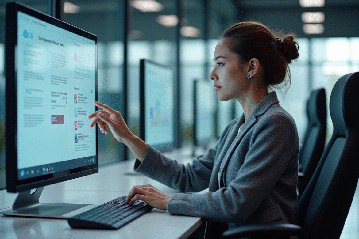 Jeune femme en bureau futuriste interagissant avec une interface