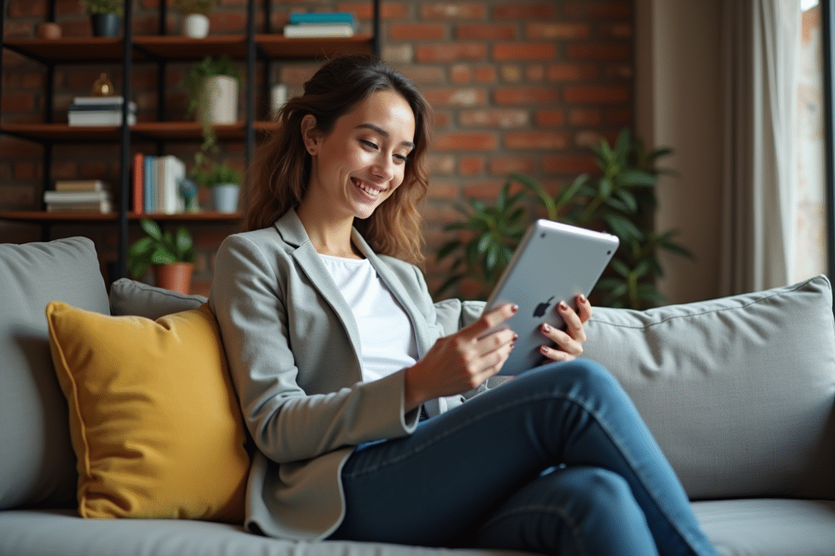 Jeune femme souriante gérant son Airbnb dans un salon urbain