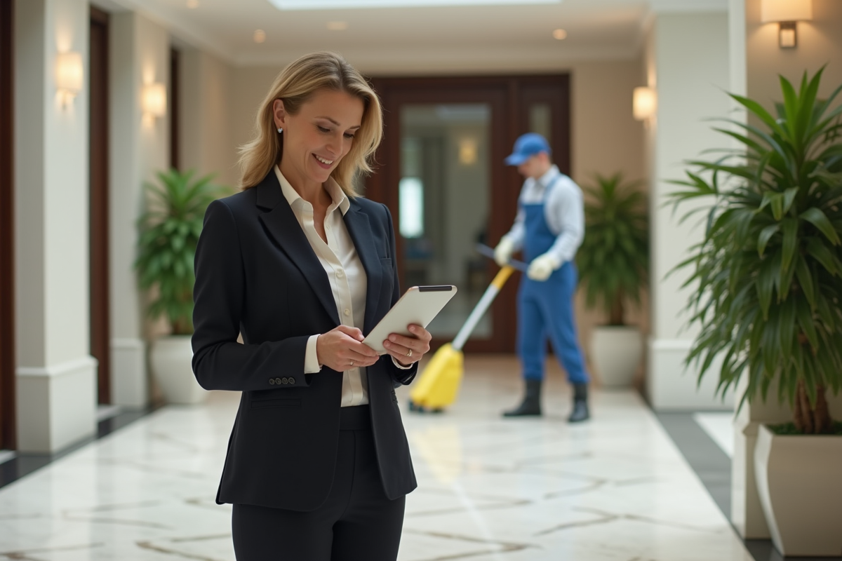 Femme gestionnaire vérifiant une tablette dans un lobby élégant