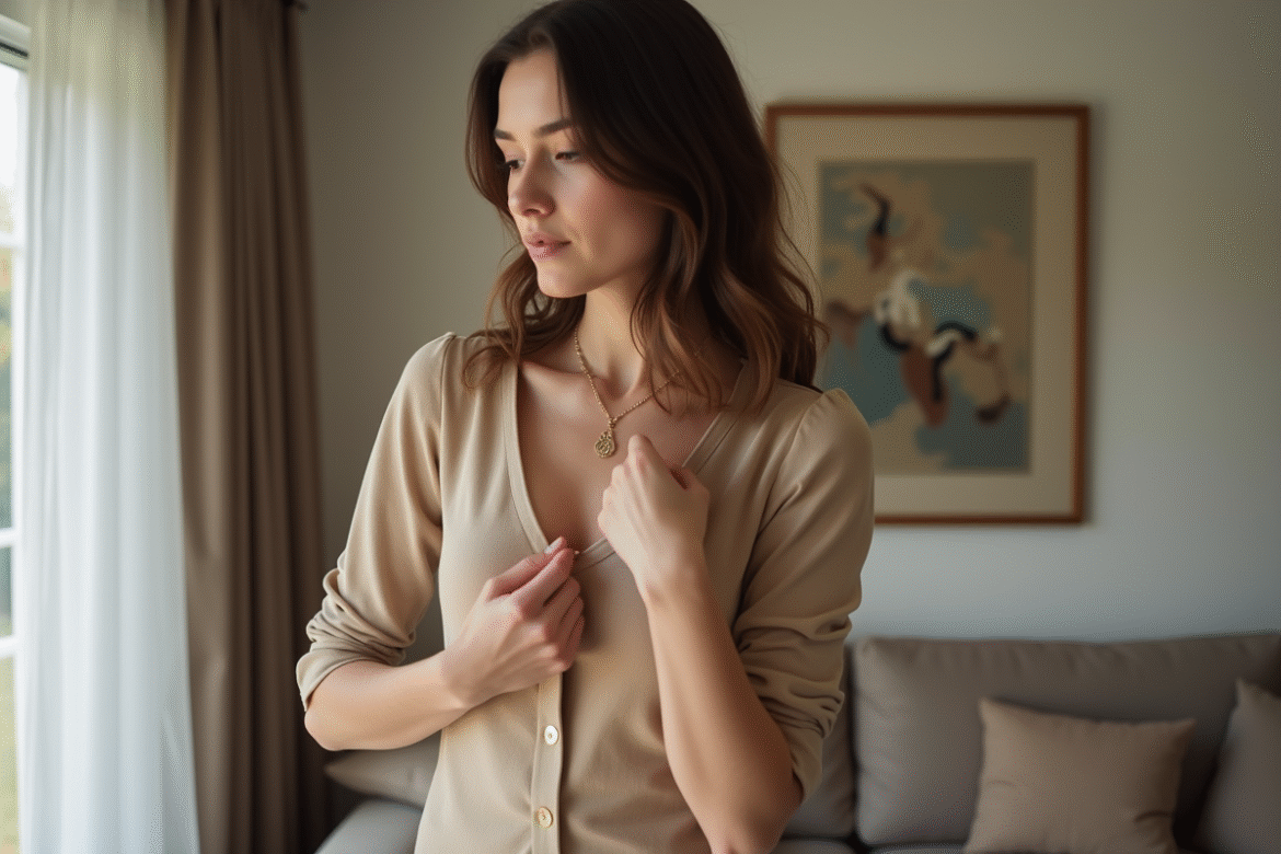 Femme élégante portant un collier doré dans un appartement moderne
