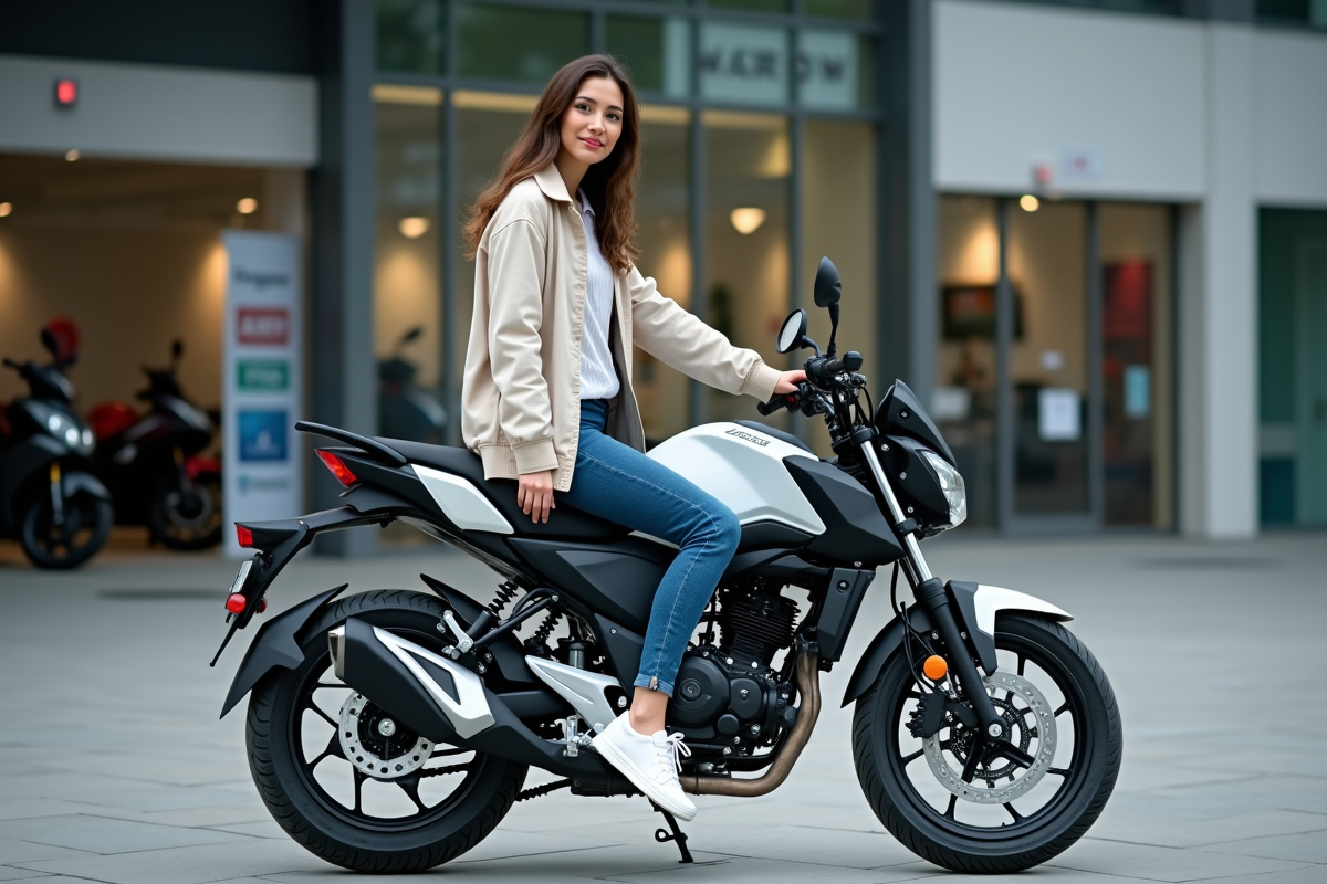Femme assise sur moto Magpower Avengers 125 en concession