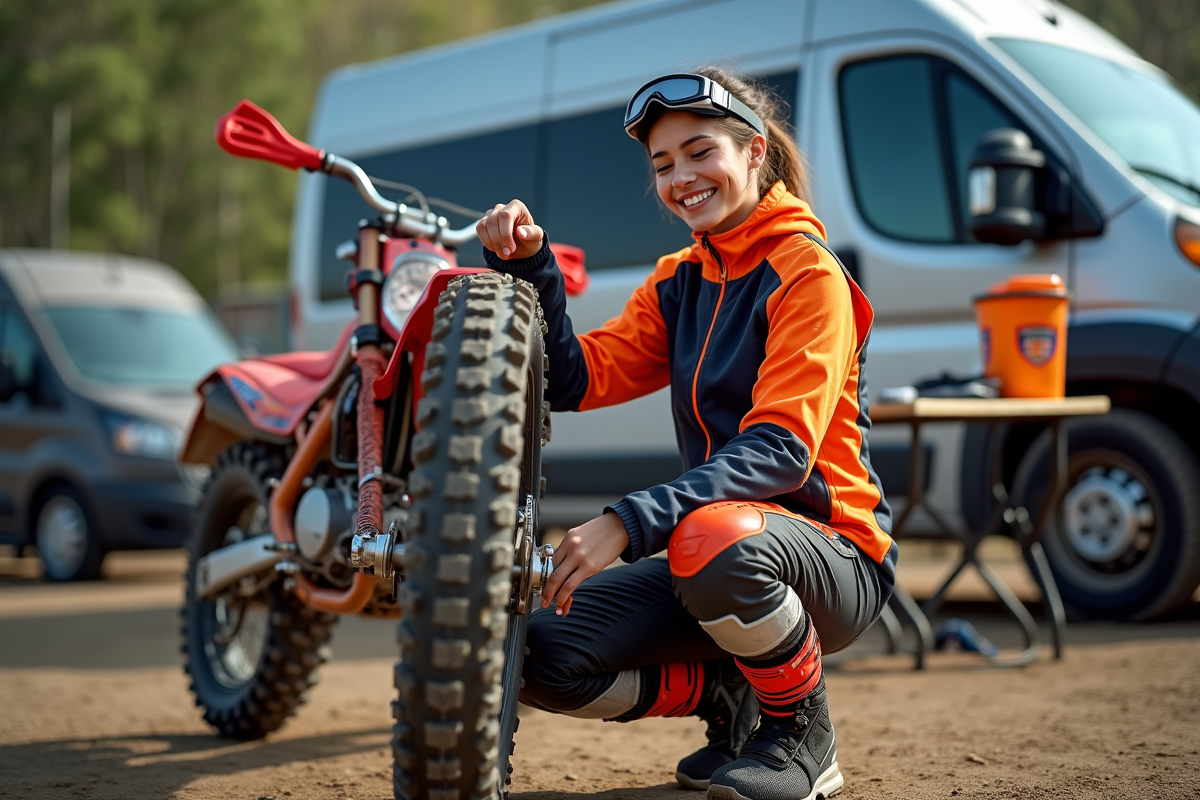Femme motocross vérifiant la pression de son pneu en paddock