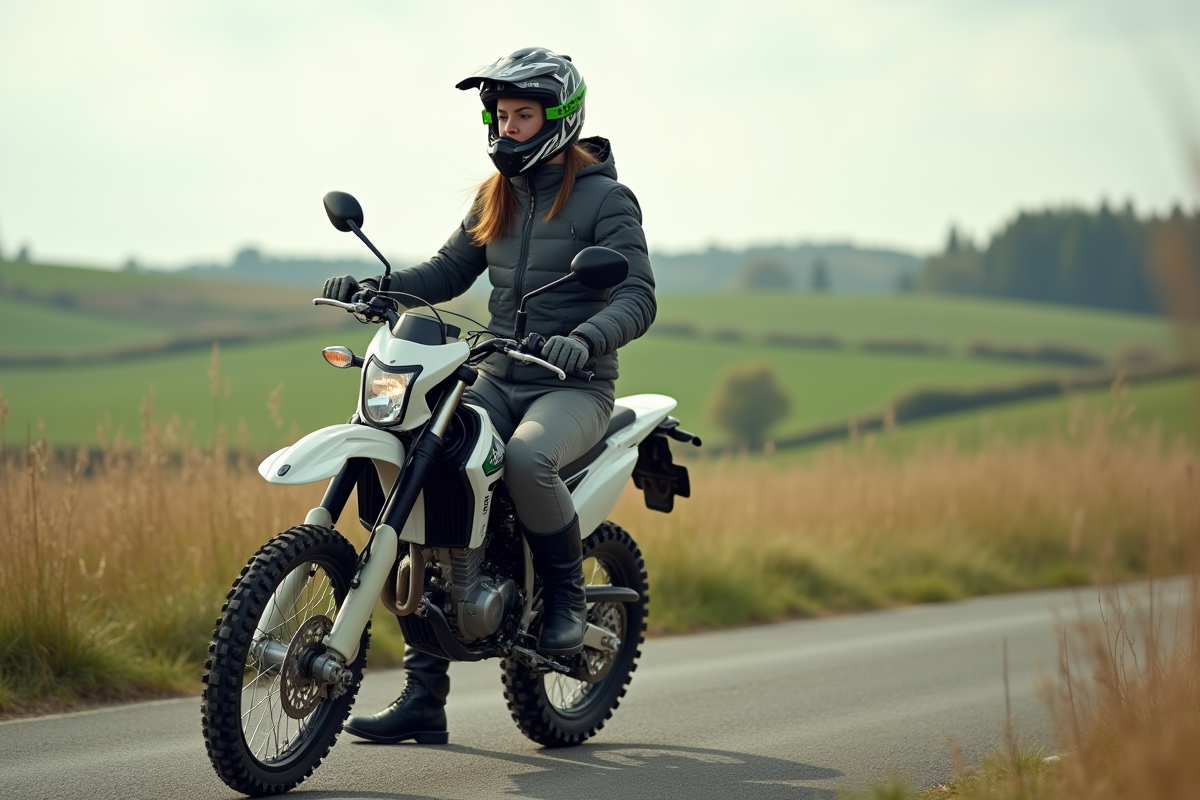 Femme en tenue trail avec moto en campagne