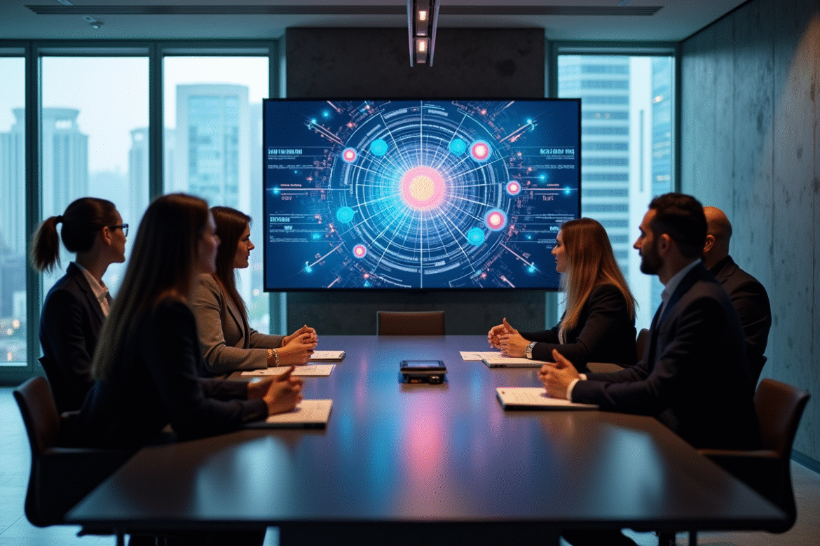 Groupe de professionnels autour d'une conférence blockchain