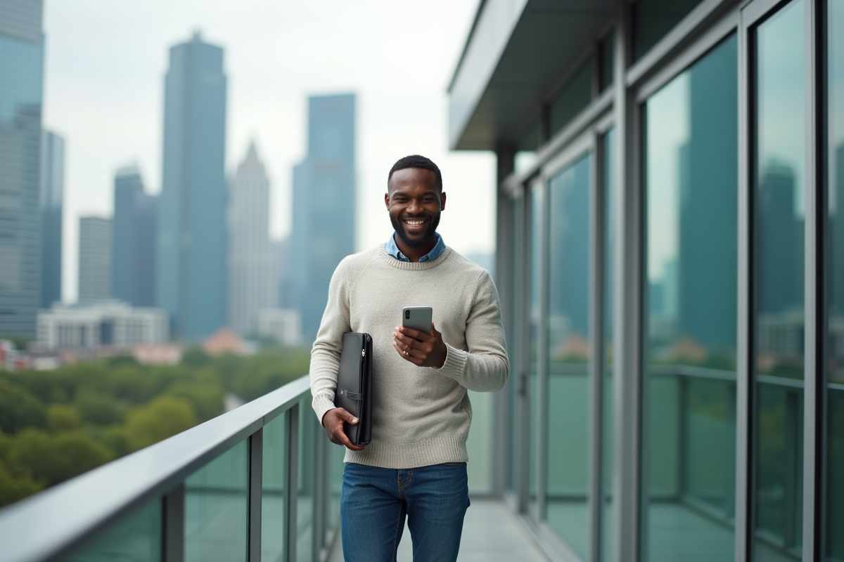 Homme avec smartphone sur balcon urbain
