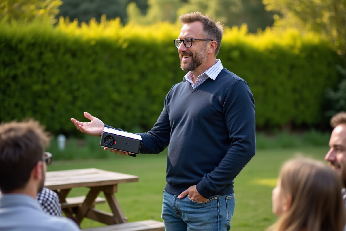 Homme avec projecteur lors d’un pique-nique en famille dans le jardin