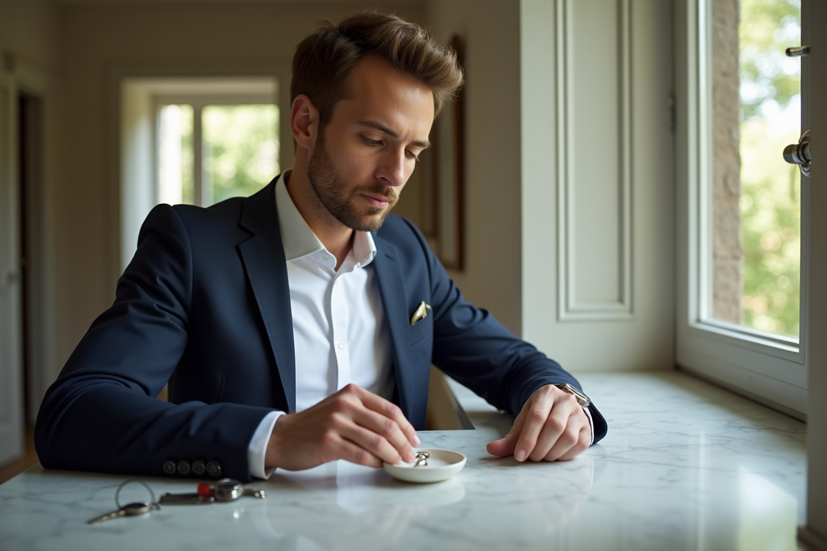 Homme plaçant une bague en argent sur un comptoir en marbre