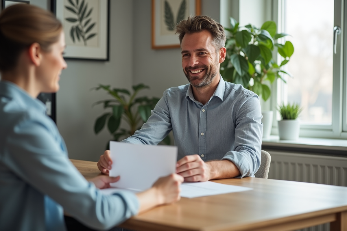 Homme souriant remettant des documents à un conseiller immobilier