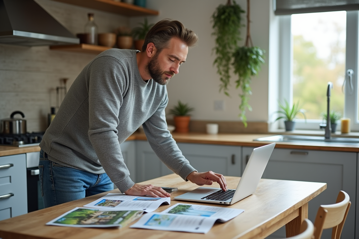 Homme réservant un séjour dans une cuisine lumineuse
