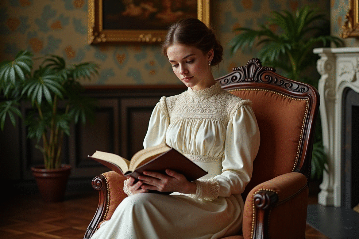 Jeune femme en blouse edwardienne lisant un livre dans un salon élégant