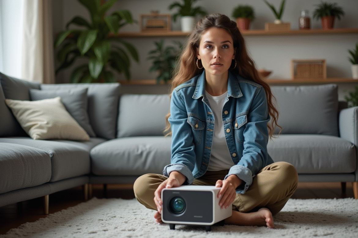 Jeune femme installant un projecteur portable dans un salon moderne