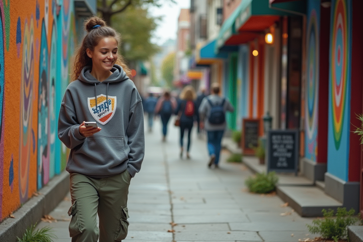Jeune femme en streetwear dans une ville animée