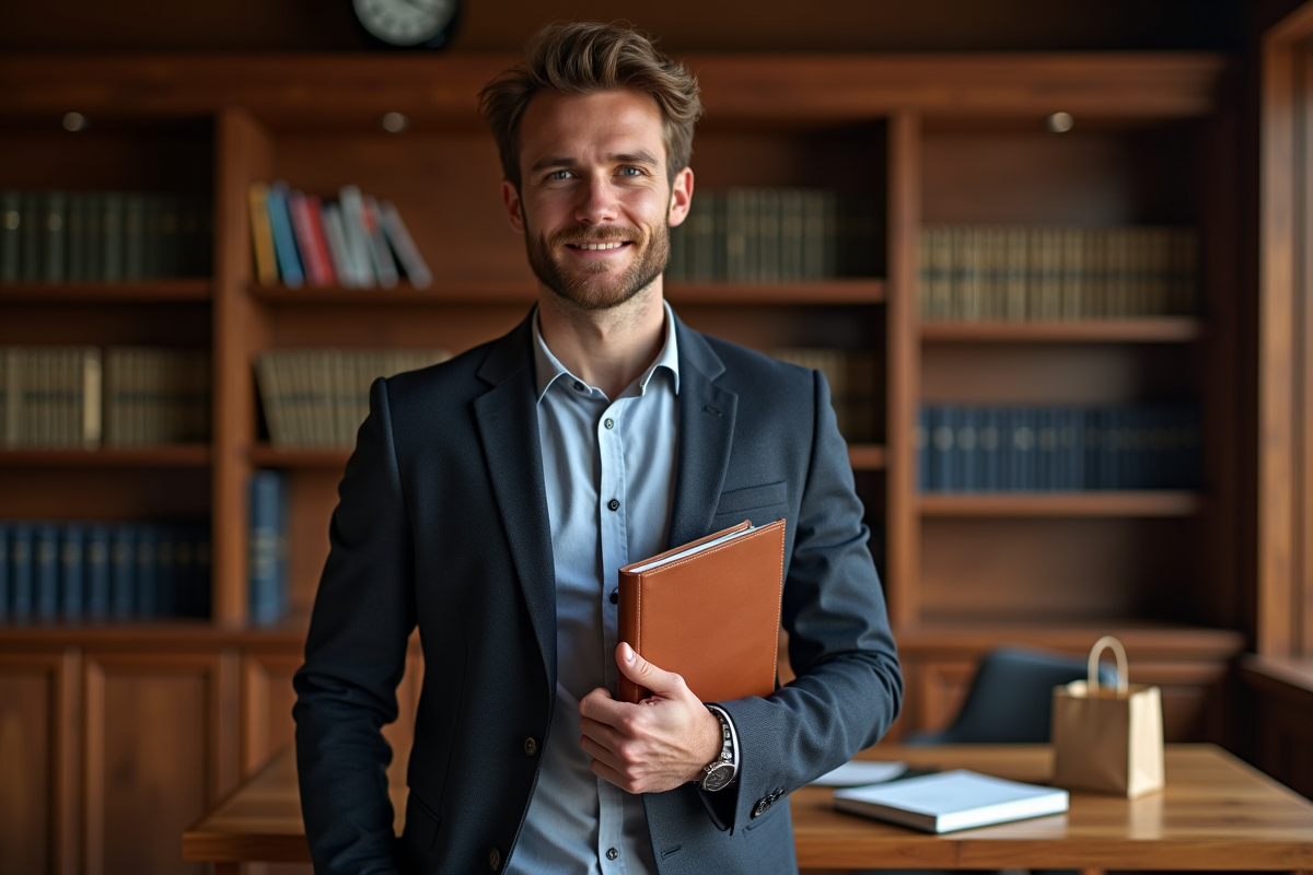 Jeune homme professionnel avec carnet dans un bureau cosy