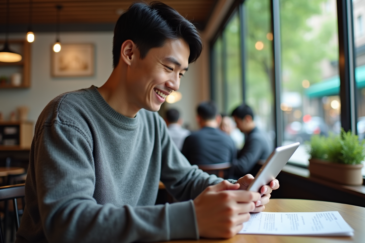 Jeune homme au café utilisant une tablette