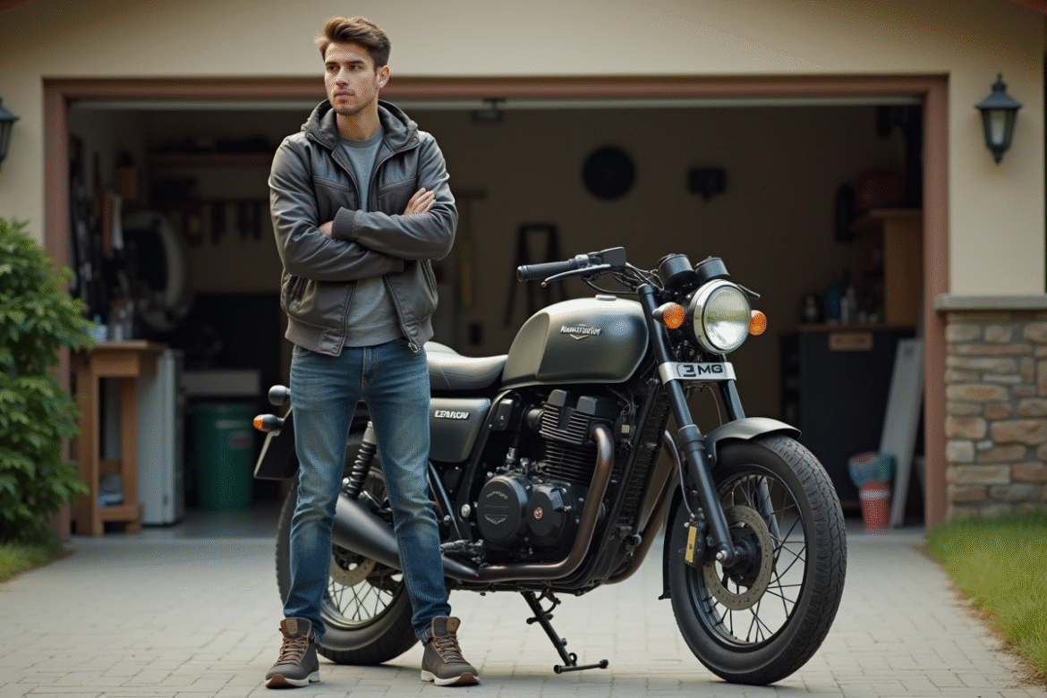 Jeune homme avec moto Magpower Avengers 125 devant maison