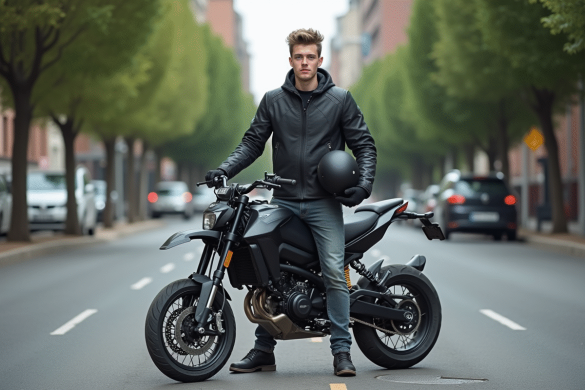 Jeune homme avec casque et moto en ville