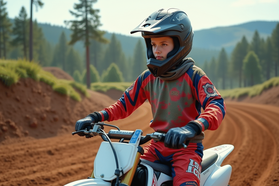 Jeune pilote motocross en pleine préparation sur un terrain de terre