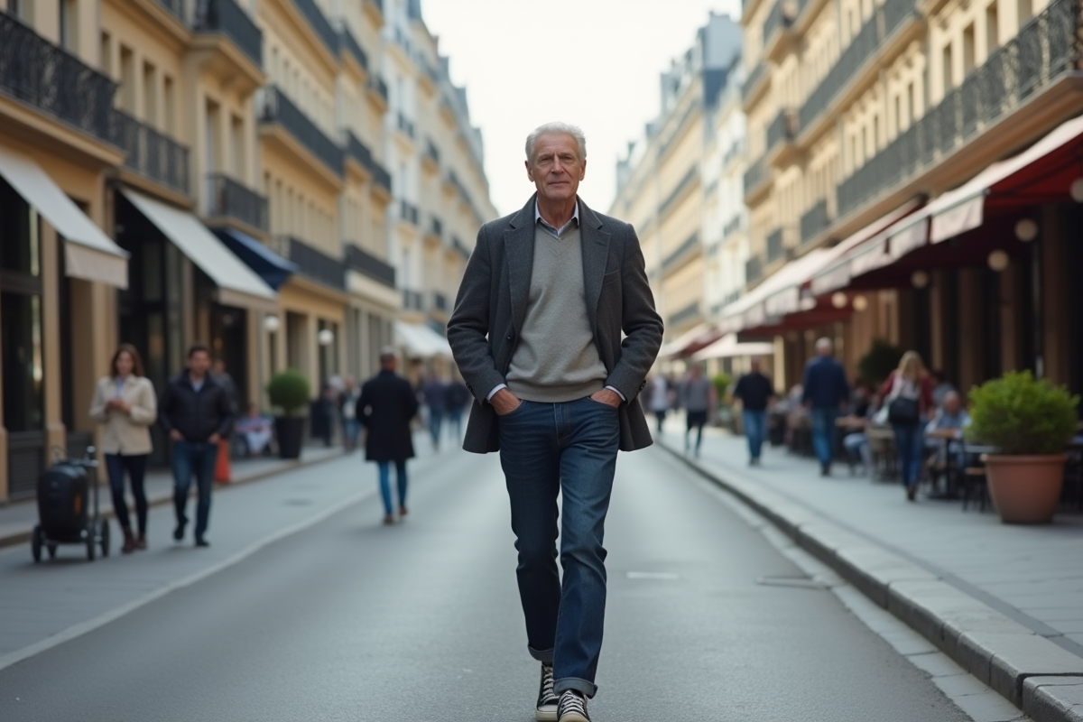 Homme en jeans et sweater marche dans Paris