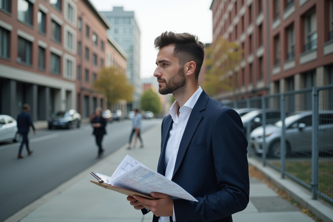 Jeune urbaniste regardant un terrain vacant en ville