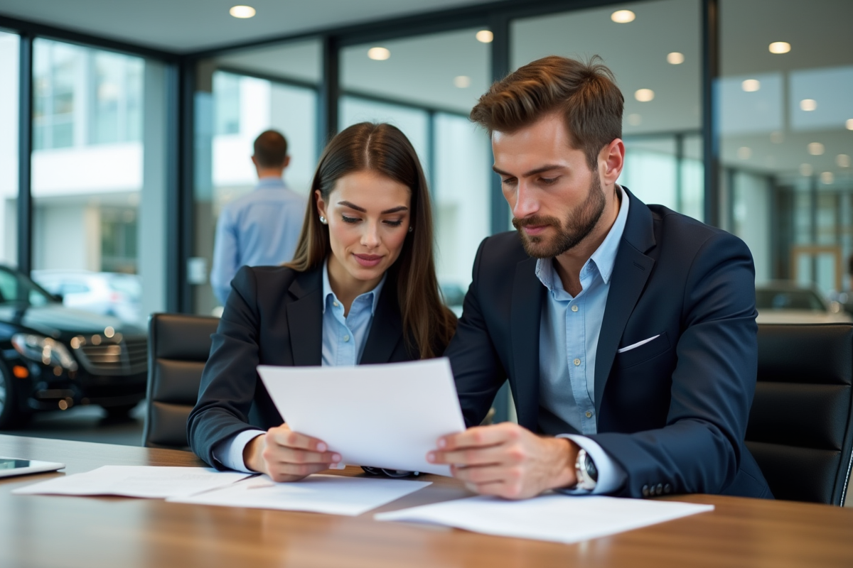 Jeune couple examinant des documents dans un bureau de concession