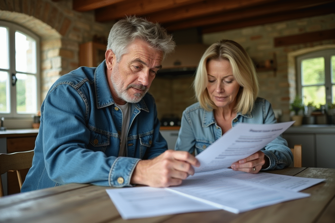 Couple examine documents dans cuisine rustique en campagne