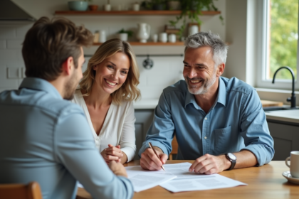 Couple souriant avec agent immobilier dans une cuisine moderne