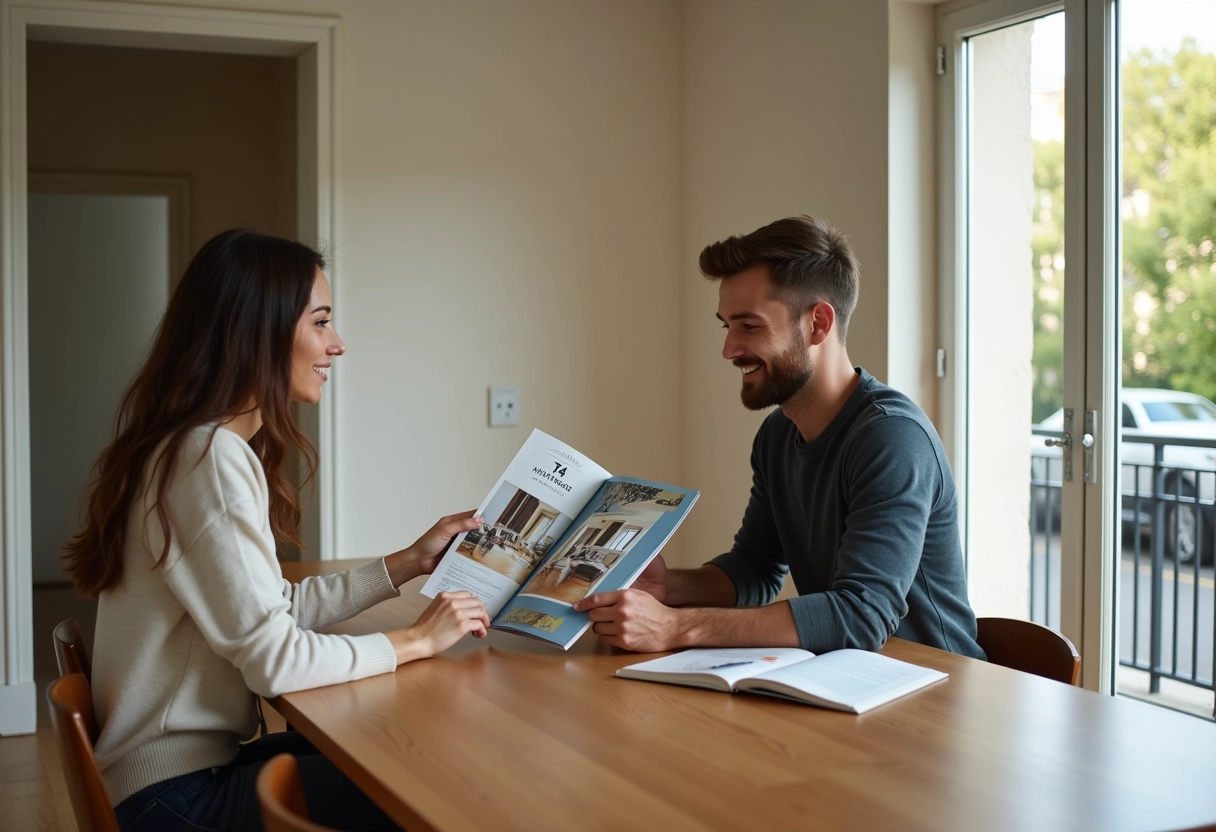 Jeune couple consulte une brochure immobiliere dans un appartement