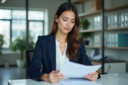 Femme d'affaires en bureau moderne examine documents financiers