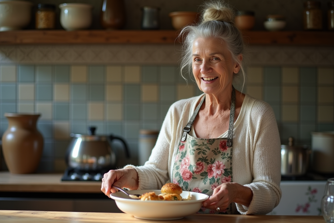 Femme âgée servissant une blanquette de dinde dans la cuisine